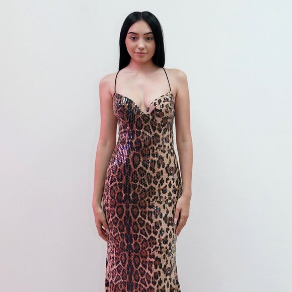 New Night Out Sequins Embellished Dress w/ Leopard Print & Lace Up Back JT2734H - Picture 1 of 8